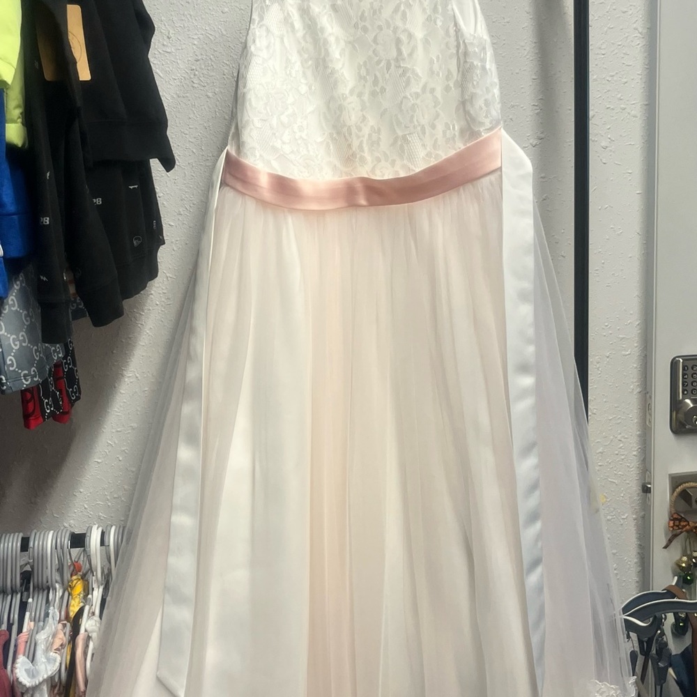 Girls Ivory Lace Bodice Dress with Blush Pink Satin Waistband
